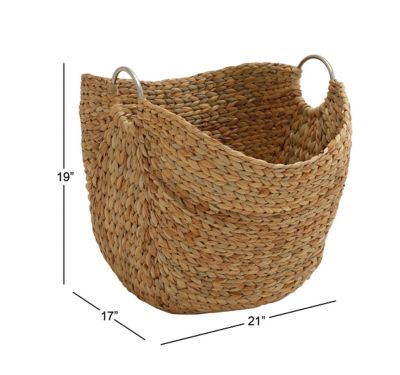 Image showing 7 th Harper & Willow Large Rectangular Natural Water Hyacinth Storage Basket with Round Metal Loop Handles, 21 in. x 17 in. x 19 in.