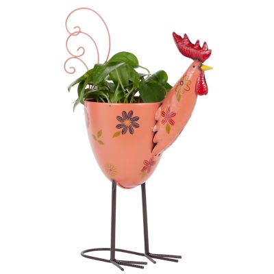 Image showing  Pink Metal Indoor Outdoor Rooster Planter with Floral Pattern Planter, 19 x 8 x 20in.