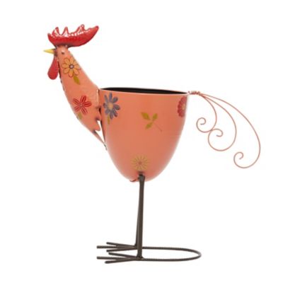 Image showing  Pink Metal Indoor Outdoor Rooster Planter with Floral Pattern Planter, 19 x 8 x 20in.