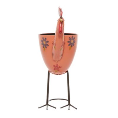 Image showing  Pink Metal Indoor Outdoor Rooster Planter with Floral Pattern Planter, 19 x 8 x 20in.