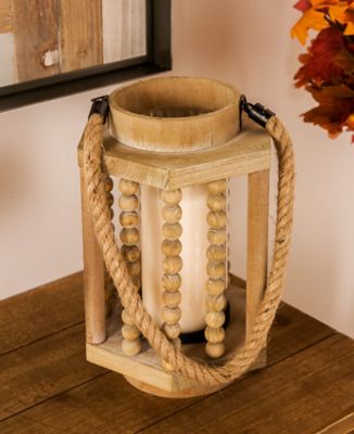 Harper & Willow Rustic Wood and Glass Candle Lantern with a Rope Handle, 8 in. x 7 in. x 11 in., 8.8 lb., 77646