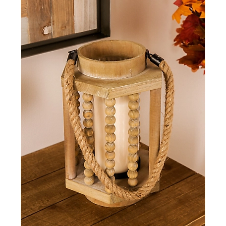 Harper & Willow Rustic Wood and Glass Candle Lantern with a Rope Handle, 8 in. x 7 in. x 11 in., 8.8 lb., 77646