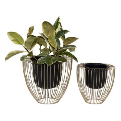 Image showing  Black Metal Indoor Outdoor Planter with Removable Gold Wire Stand Set of 2 10 in., 12 in.H