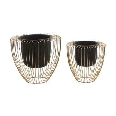 Image showing  Black Metal Indoor Outdoor Planter with Removable Gold Wire Stand Set of 2 10 in., 12 in.H