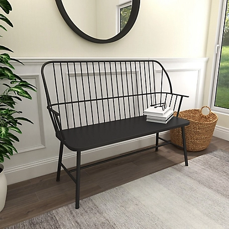Harper & Willow Black Metal Grill Style High Back Frame Outdoor Bench with Trestle Legs and Armrests 48 x 19 x 38in.