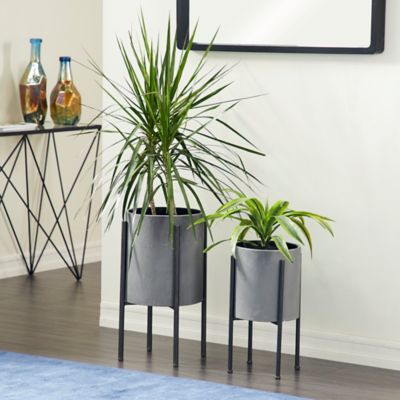 Image showing  Gray Metal Indoor Outdoor Textured Exterior Planter with Removable Stand Set of 2 19", 23"H