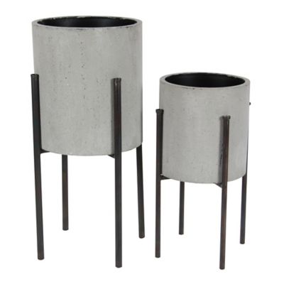 Image showing  Gray Metal Indoor Outdoor Textured Exterior Planter with Removable Stand Set of 2 19", 23"H