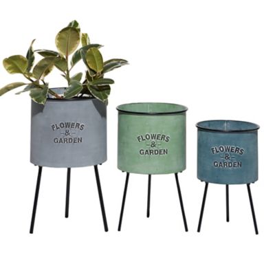 Image showing  Multi-Colored Metal Indoor Outdoor Planter with Flowers And Garden Text Set of 3 20 in., 18 in., 16 in.H