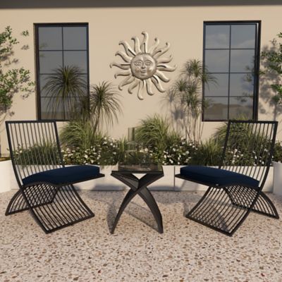 Harper & Willow Black Metal Small Folding Outdoor Seating Set with Navy Cushions Set of 3 21"W, 34"H