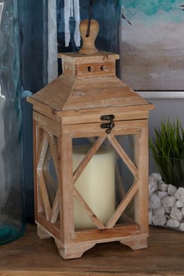 Harper & Willow Traditional Carved Wood/Glass Square Candle Lanterns, 11 in. x 11 in. x 21 in., 8 in. x 8 in. x 16 in., 2 pc.
