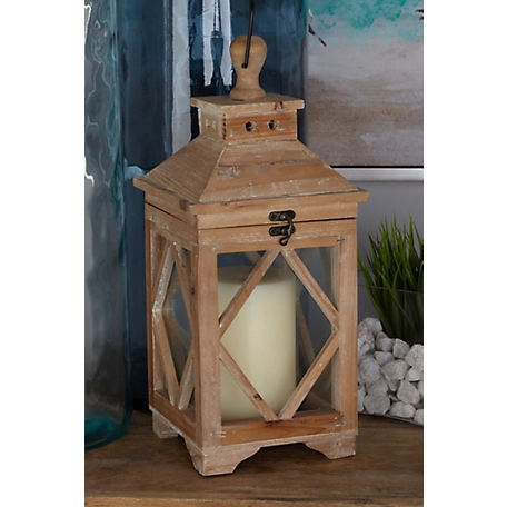 Harper & Willow Traditional Carved Wood/Glass Square Candle Lanterns, 11 in. x 11 in. x 21 in., 8 in. x 8 in. x 16 in., 2 pc.