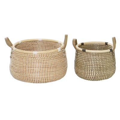 Image showing  Brown Banana Leaf Handmade Storage Baskets with Handles, Assorted, 2 pc.