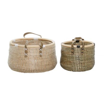 Image showing  Brown Banana Leaf Handmade Storage Baskets with Handles, Assorted, 2 pc.