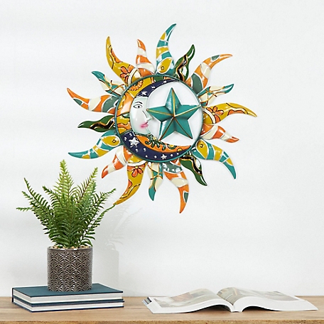 Harper & Willow Multi-Colored Metal Indoor Outdoor Sun and Moon Wall Decor with Abstract Patterns 25" x 1" x 25"