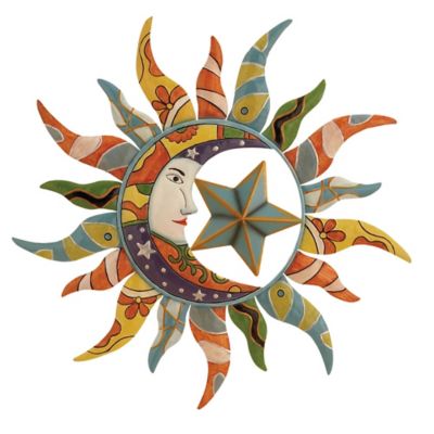 Image showing  Multicolor Metal Indoor Outdoor Sun and Moon Wall Decor with Abstract Patterns, 25 in. x 25 in.