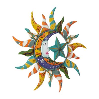 Image showing  Multicolor Metal Indoor Outdoor Sun and Moon Wall Decor with Abstract Patterns, 25 in. x 25 in.