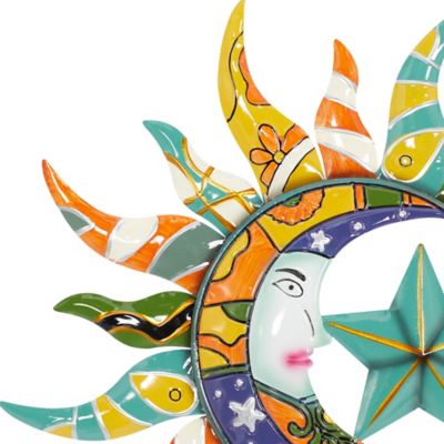 Image showing  Multicolor Metal Indoor Outdoor Sun and Moon Wall Decor with Abstract Patterns, 25 in. x 25 in.