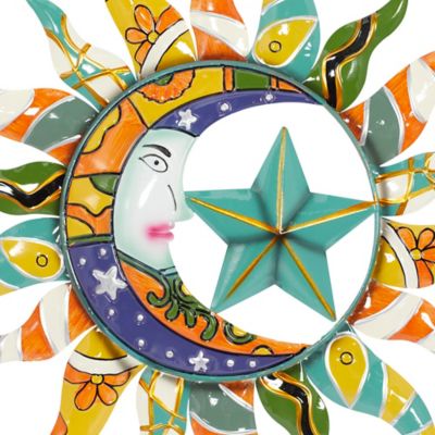 Image showing  Multicolor Metal Indoor Outdoor Sun and Moon Wall Decor with Abstract Patterns, 25 in. x 25 in.