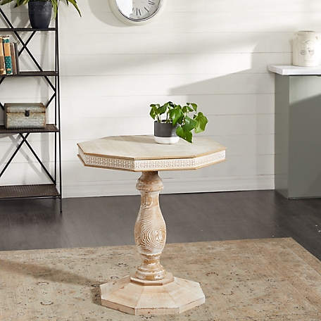 Harper & Willow Octagon Top Wood Carved Accent Table with Distressed White Textured Pattern Side Detail