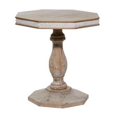 Image showing  Octagon Top Wood Carved Accent Table with Distressed White Textured Pattern Side Detail
