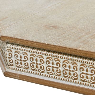 Image showing  Octagon Top Wood Carved Accent Table with Distressed White Textured Pattern Side Detail