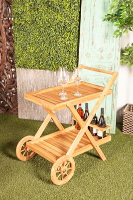 Harper & Willow Brown Teak Wood Indoor Outdoor Rolling 2 Shelves Bar Cart with Wheels and Handle 32" x 21" x 32"