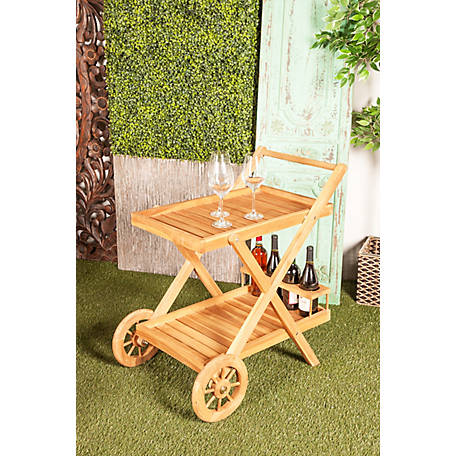 Harper & Willow Brown Teak Wood Indoor Outdoor Rolling 2 Shelves Bar Cart with Wheels and Handle 32' x 21' x 32'