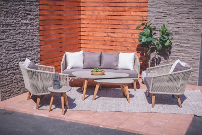 Harper & Willow Modern Outdoor Couch with Acacia Wood Legs and Decorative Rope Detail