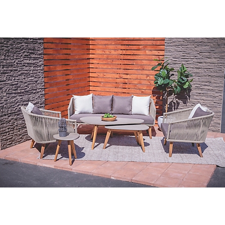 Harper & Willow Modern Outdoor Couch with Acacia Wood Legs and Decorative Rope Detail
