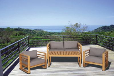 Harper & Willow 4 pc. Outdoor Teak Wood Lounge Furniture Set with Cushions, Loveseat, 2 Lounge Chairs, and Wood Slat Table