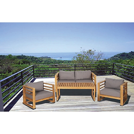 Harper & Willow 4 pc. Outdoor Teak Wood Lounge Furniture Set with Cushions, Loveseat, 2 Lounge Chairs, and Wood Slat Table