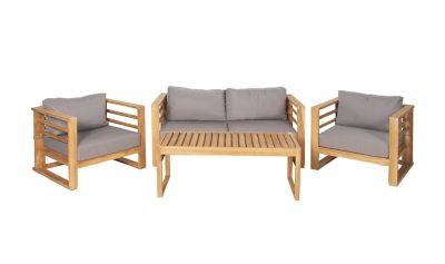 Image showing  4 pc. Outdoor Teak Wood Lounge Furniture Set with Cushions, Loveseat, 2 Lounge Chairs, and Wood Slat Table