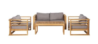 Image showing  4 pc. Outdoor Teak Wood Lounge Furniture Set with Cushions, Loveseat, 2 Lounge Chairs, and Wood Slat Table