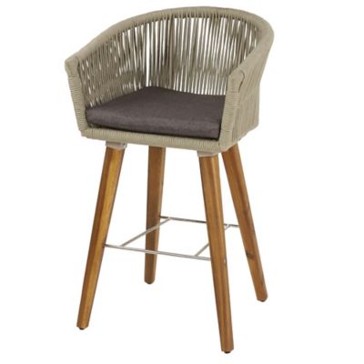 Image showing  Wooden and Woven Rope Bar Stool with Cushions and Slender Tapered Legs, 22 in. x 20 in. x 37 in., Gray