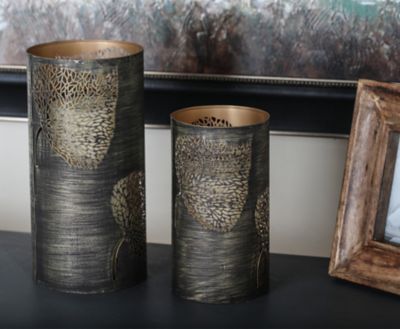 Harper & Willow Pierced Leaf Design Cylindrical Iron Candle Lanterns, 6 in. x 12 in., 6 in. x 9 in., 4 in. x 5 in., 3 pc., 22097