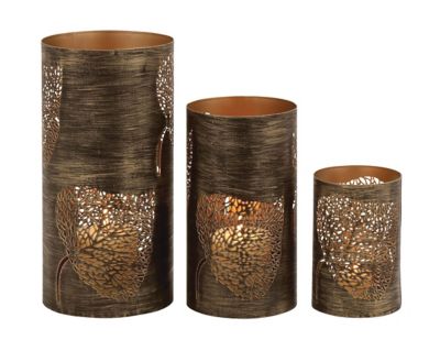 Image showing  Pierced Leaf Design Cylindrical Iron Candle Lanterns, 6 in. x 12 in., 6 in. x 9 in., 4 in. x 5 in., 3 pc., 22097