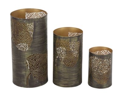 Image showing  Pierced Leaf Design Cylindrical Iron Candle Lanterns, 6 in. x 12 in., 6 in. x 9 in., 4 in. x 5 in., 3 pc., 22097