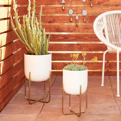Harper & Willow Iron Contemporary Large Round Indoor/Outdoor Decorative Planter Set in Stands, 10 x 16 in., 8 x 13 in., 2 pk.