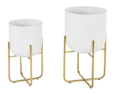 Image showing  Iron Contemporary Large Round Indoor/Outdoor Decorative Planter Set in Stands, 10 x 16 in., 8 x 13 in., 2 pk.
