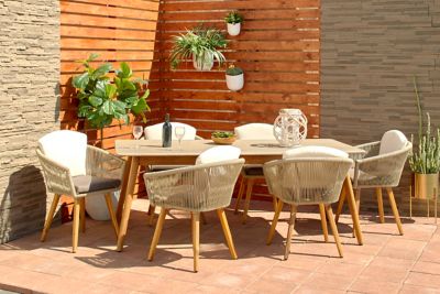 Harper & Willow Light Brown Wood Woven Rope Outdoor Dining Chair with Polyester Cushions and Slender Tapered Legs Set of 2,