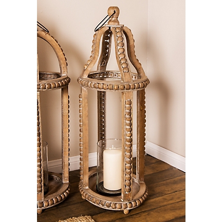 Harper & Willow Rustic Cage-Style Wood Lantern with Glass Candle Holder, 13 in. x 10 in. x 29 in., 4 lb., 77643