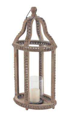 Image showing  29 in. Rustic Cage-Style Wood Lantern with Glass Candle Holder