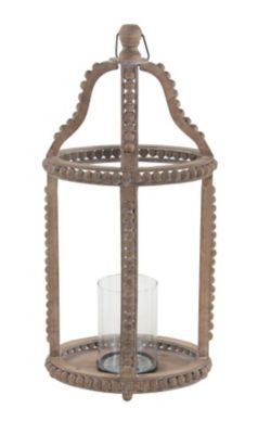 Image showing  29 in. Rustic Cage-Style Wood Lantern with Glass Candle Holder
