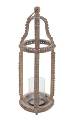 Image showing  29 in. Rustic Cage-Style Wood Lantern with Glass Candle Holder