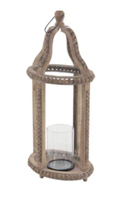 Image showing  29 in. Rustic Cage-Style Wood Lantern with Glass Candle Holder