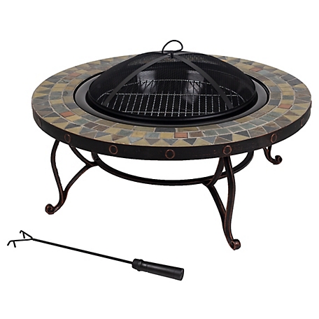 Pleasant Hearth 24 in. Juniper Slate Top Fire Pit, Rubbed Bronze Finish, Porcelain Enameled Fire Bowl