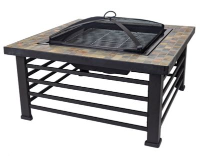 Pleasant Hearth 34 in. x 24 in. Cascade Square Slate Top Fire Pit, Porcelain Enameled Fire Bowl