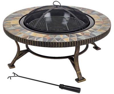 Pleasant Hearth 34 in. Olivia Slate Top Wood-Burning Fire Pit, Hand-Laid Natural Slate Top, Rubbed Gold Finish I asked a question as to the size on this page, and while the upper ring fits the stove, the lower ring is slightly too small to fit it so the stove goes all the way to the ground and it would tip without support