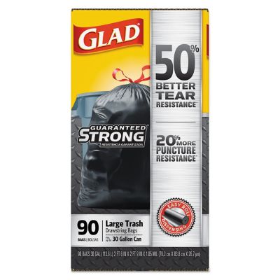 Image showing 6 th Glad 30 gal. Large Drawstring Trash Bags, 1.05 mil, 30 in. x 33 in., Black, 90 ct.