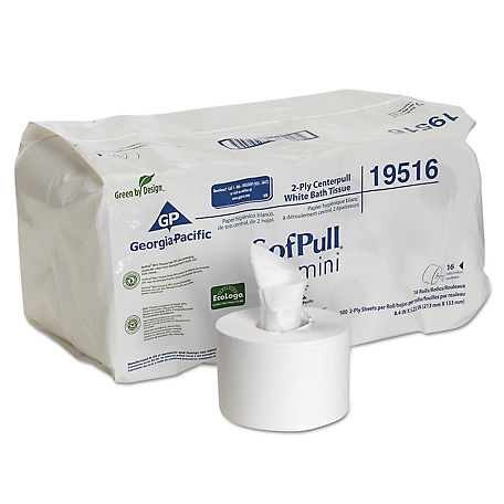 Georgia Pacific SofPull Mini Center-Pull Bath Tissue, Septic Safe, 2-Ply, White, 5.25 in. x 8.4 in., 16-Pack, 500 Sheets/Roll